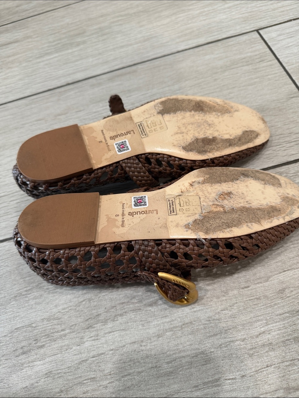Larroude Woven Mary Jane Flats in Brown with Gold Buckle - Picture 4 of 6